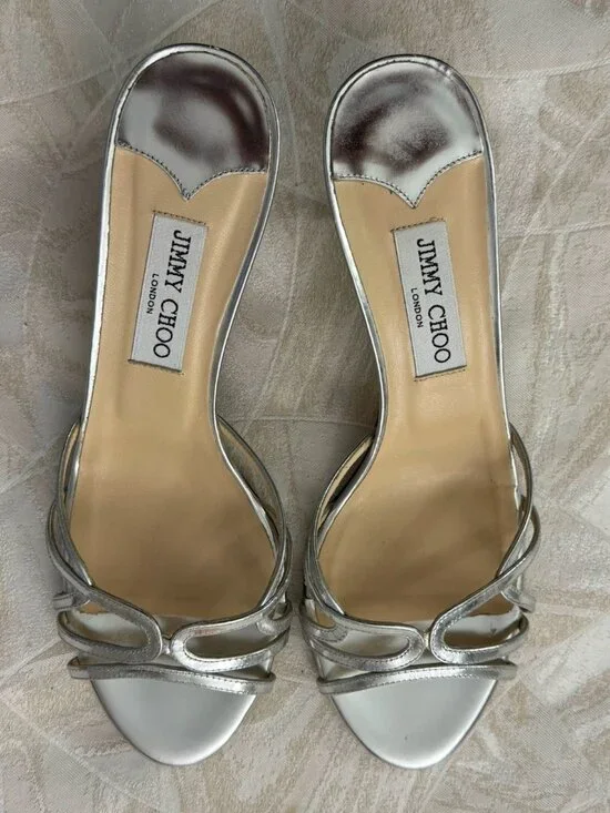 JIMMY CHOO SILVER HEEL OPEN TOE HEELS - Picture 6 of 9